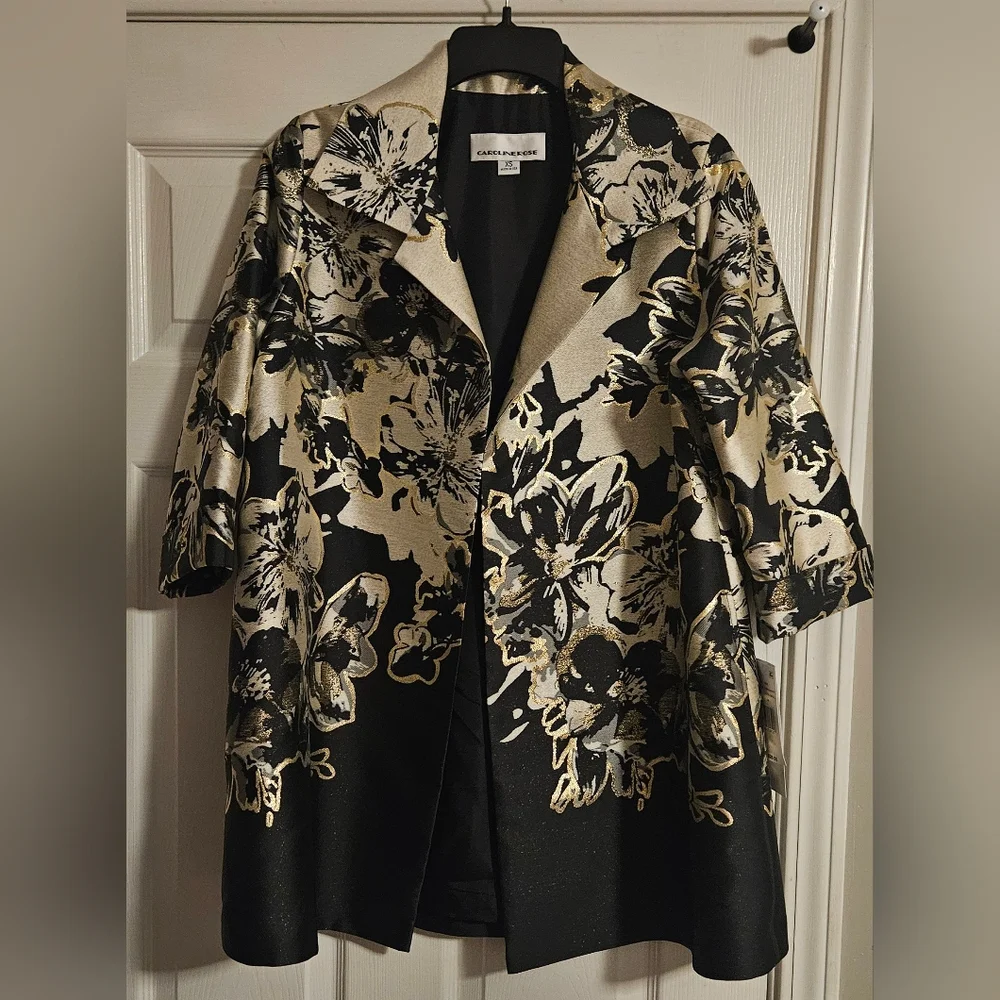 NWT Caroline Rose Showstopper‎ Jacquard Party Open Front Jacket: Champagne/Black